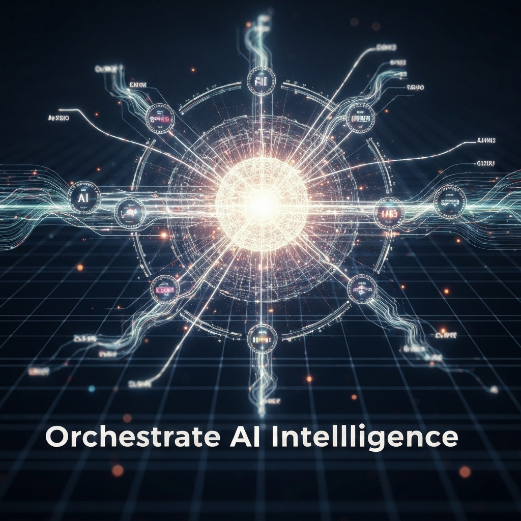 Digital art concept showing a central AI orchestrator core connected by glowing data streams to multiple specialized AI agent nodes, representing the n8n orchestrator agent system and its ability to manage and delegate tasks for AI automation.