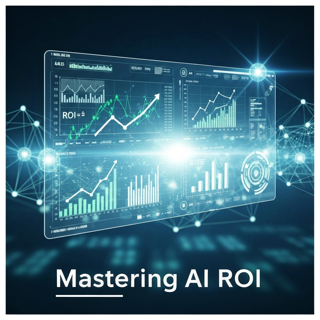 A futuristic digital illustration showing a holographic interface with financial charts, graphs, and AI neural network patterns, overlaid with the headline "Mastering AI ROI". This image visually represents how to calculate the ROI of AI agents in n8n using a step-by-step formula.