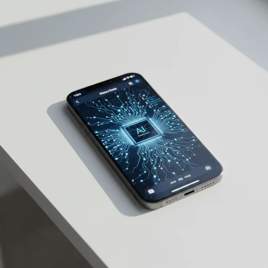 iPhone 15 Pro displaying Apple Intelligence neural processing visualization on minimalist white workspace