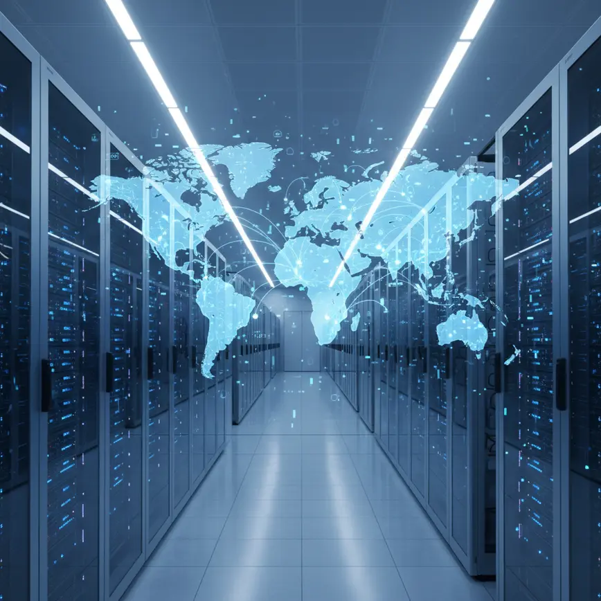 Data center server racks with network visualization overlay showing global connectivity infrastructure