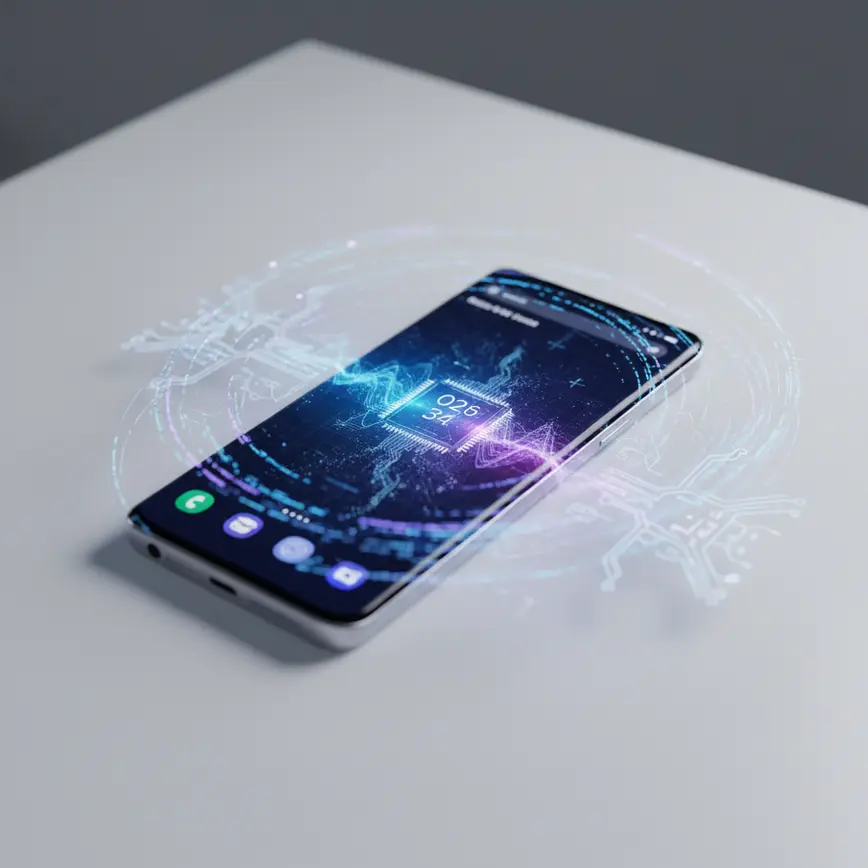 Samsung smartphone with glowing neural network visualization showing on-device AI processing technology