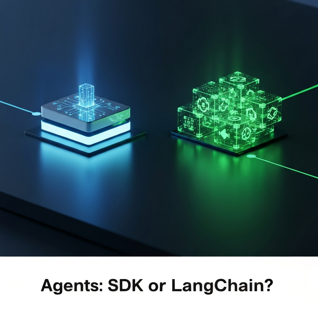 A visual comparison between OpenAI Agents SDK and LangChain, depicted as two distinct glowing digital structures, one streamlined (SDK) and one modular (LangChain), set against a dark, high-tech background, with the headline "Agents: SDK or LangChain?" overlaid. The image illustrates a practical comparison for n8n automation.