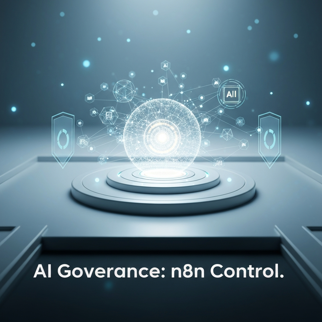 Digital illustration showing a central glowing core symbolizing AI governance, connected to a network of abstract nodes representing n8n AI agents, with protective shields. The image conveys control and security for AI workflow automation, illustrating 'How to Implement AI Agent Governance in n8n: A Step-by-Step Guide'.