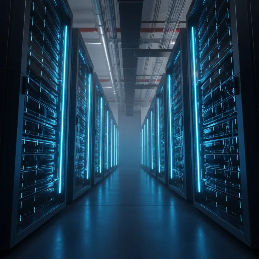 Modern AI data center with server racks containing GPU processors illuminated by blue lights