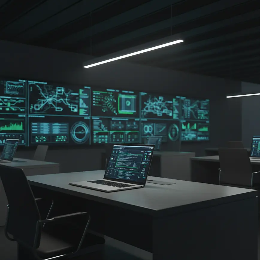 Military command center with digital displays showing data analysis dashboards and AI interfaces