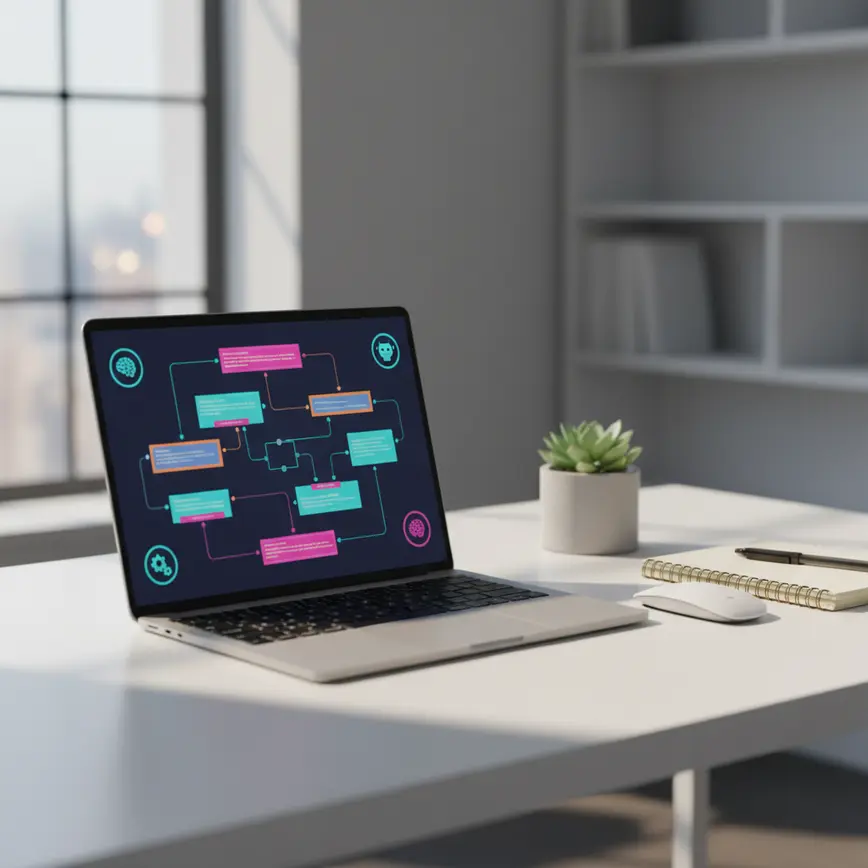 Modern laptop displaying colorful AI automation workflow with connected nodes on clean minimalist desk workspace