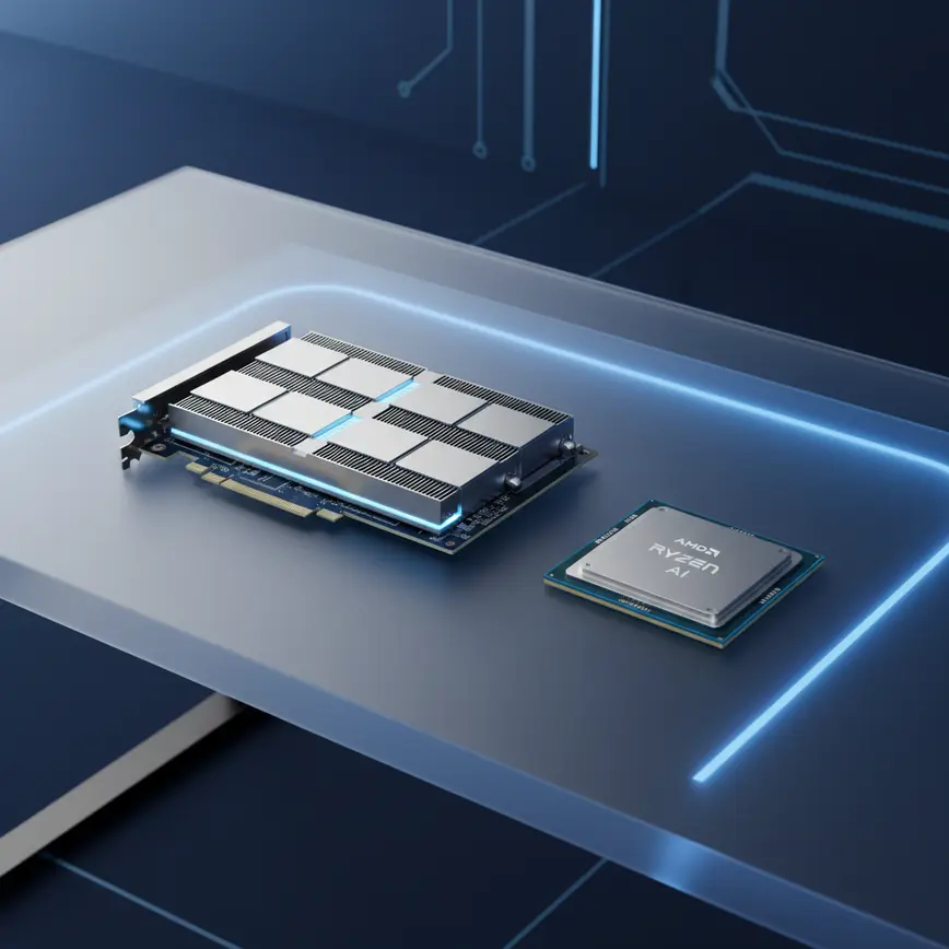 AMD AI hardware including Instinct GPU and Ryzen processor on professional technology workspace